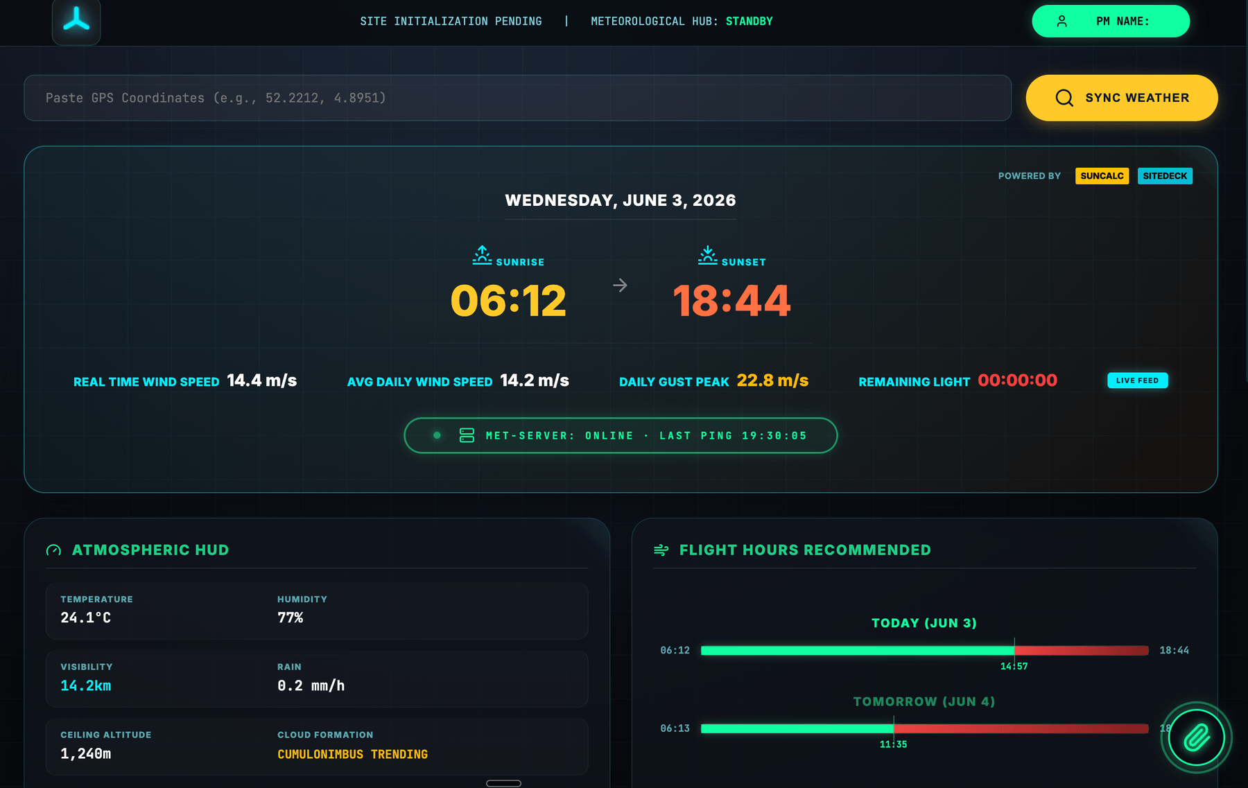 Inspections Command Center — sunrise/sunset, real-time wind speed, gust peak and recommended flight-hour windows for offshore inspection