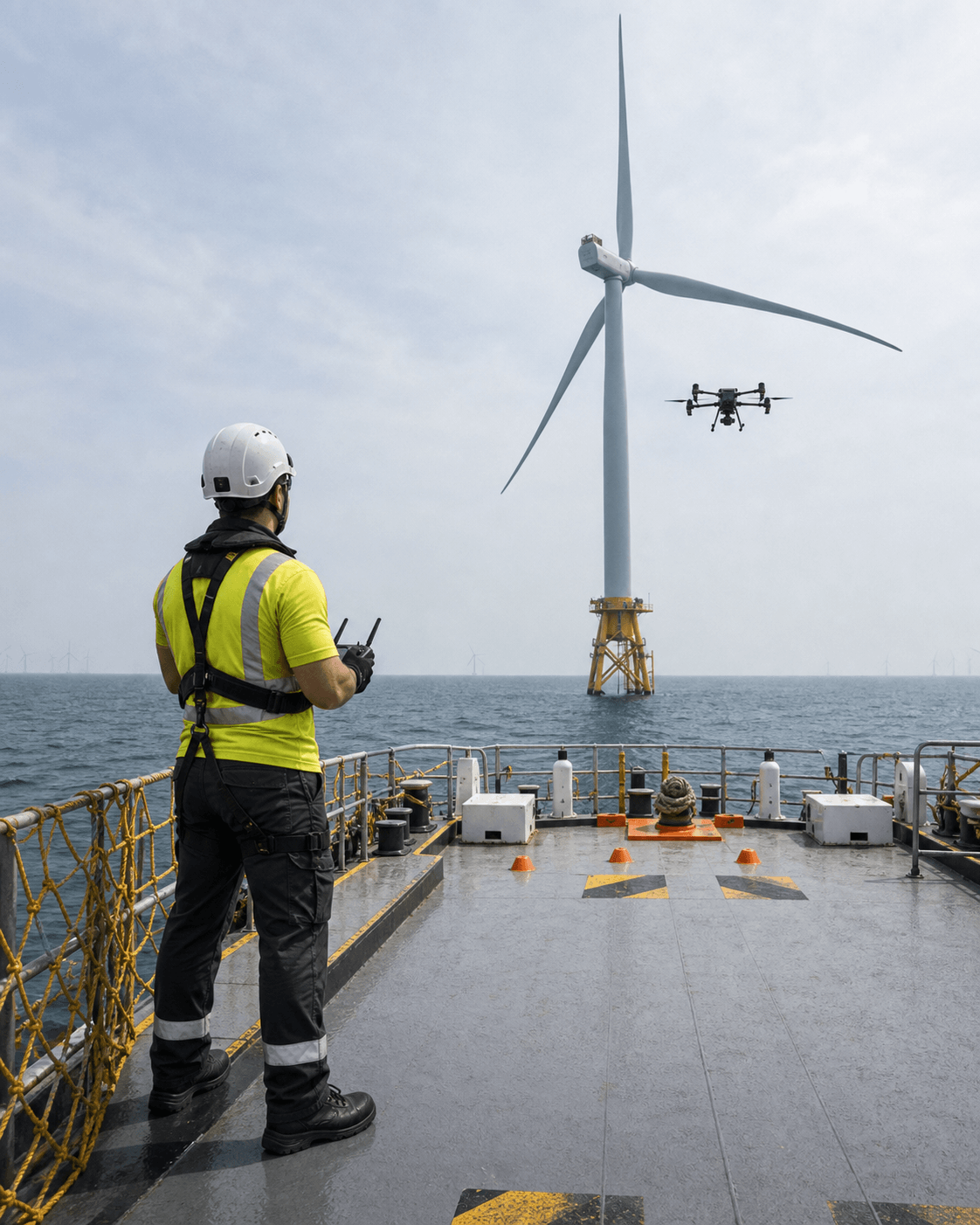 Fabien piloting an inspection drone from a vessel beside an offshore wind turbine